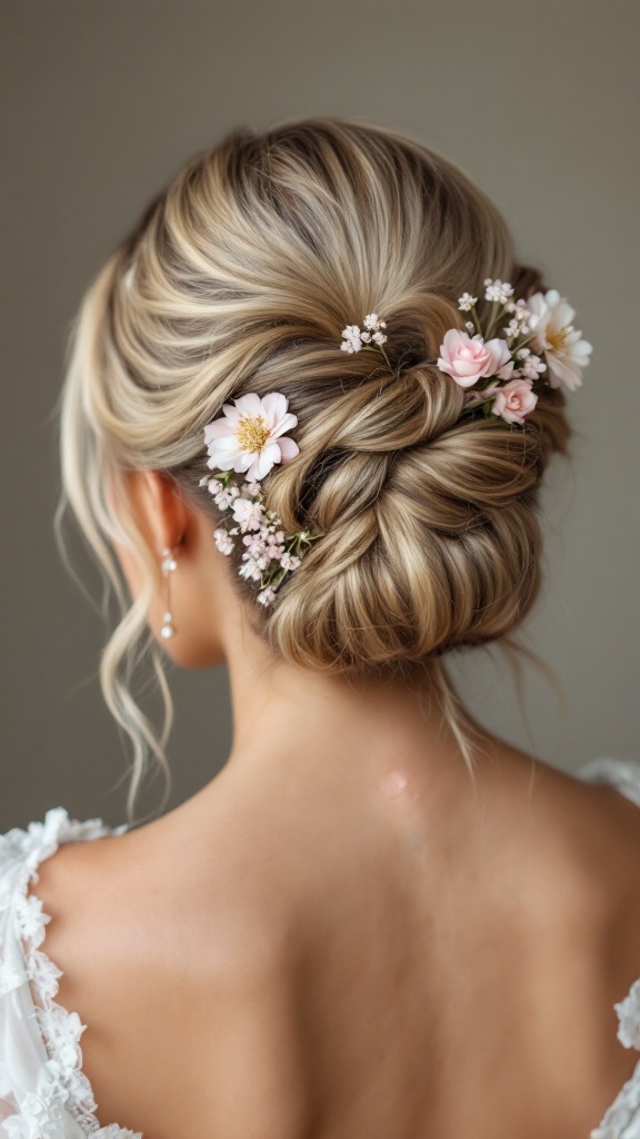 A bride's hairstyle featuring a twisted half updo adorned with flowers.