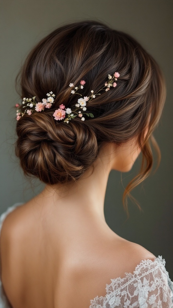 A low twisted bun hairstyle adorned with small flowers, showcasing elegance and simplicity.