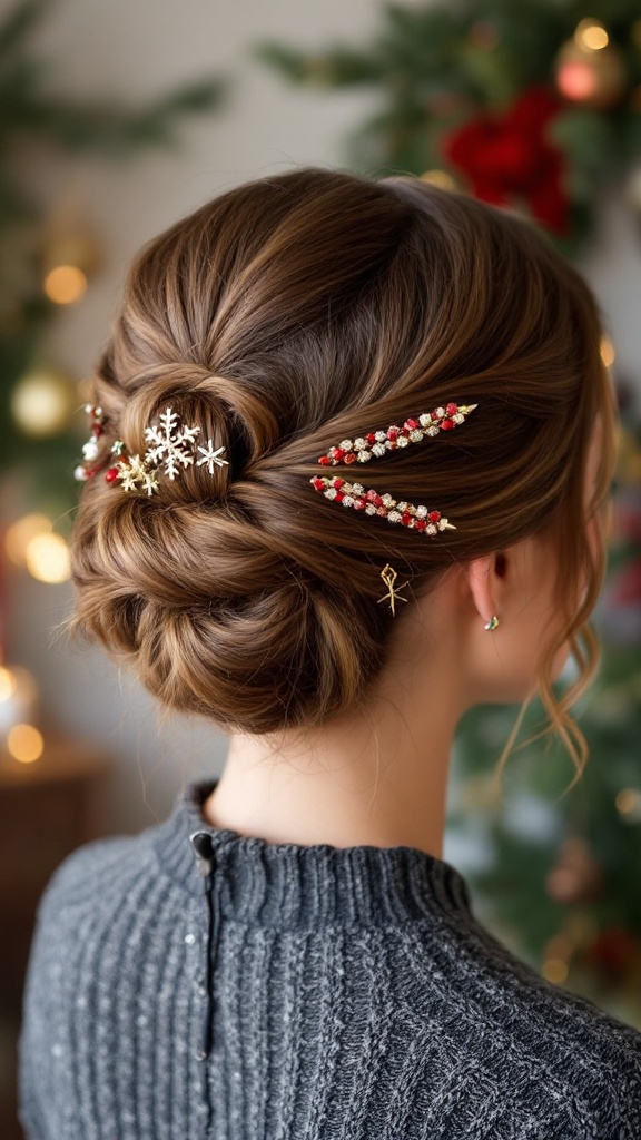 A beautiful twisted updo hairstyle adorned with decorative hairpins.