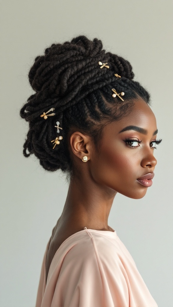 A profile view of a woman with a twisted updo hairstyle, adorned with gold hairpins, wearing a soft pink top