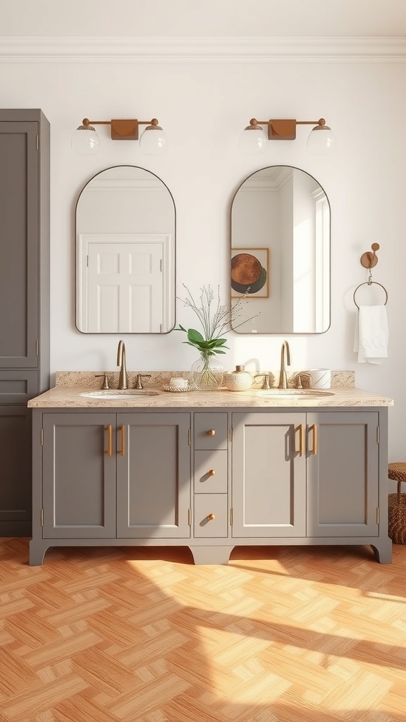 A stylish double vanity bathroom featuring gray cabinetry, light countertop, and round mirrors.
