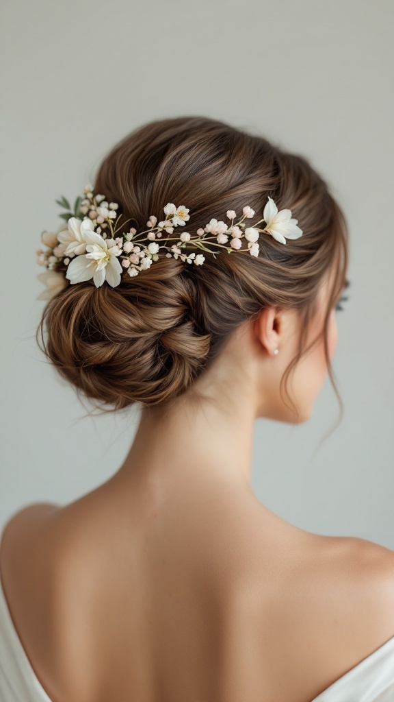 An elegant updo for short hair with floral accessories.