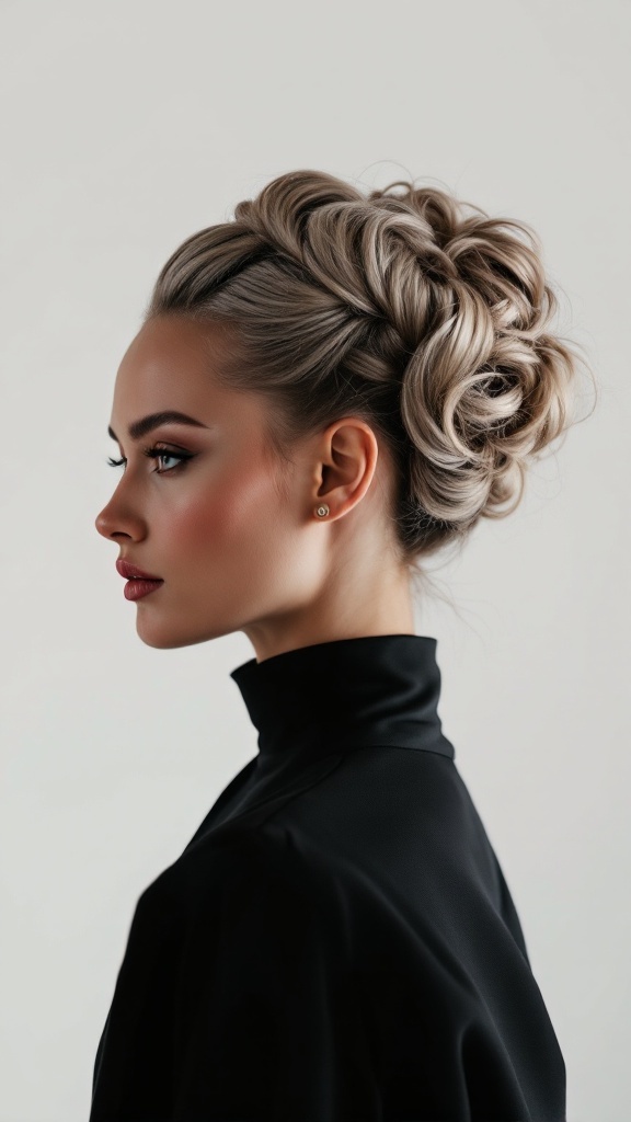 Elegant updo hairstyle for a sophisticated look, paired with a high neck dress.
