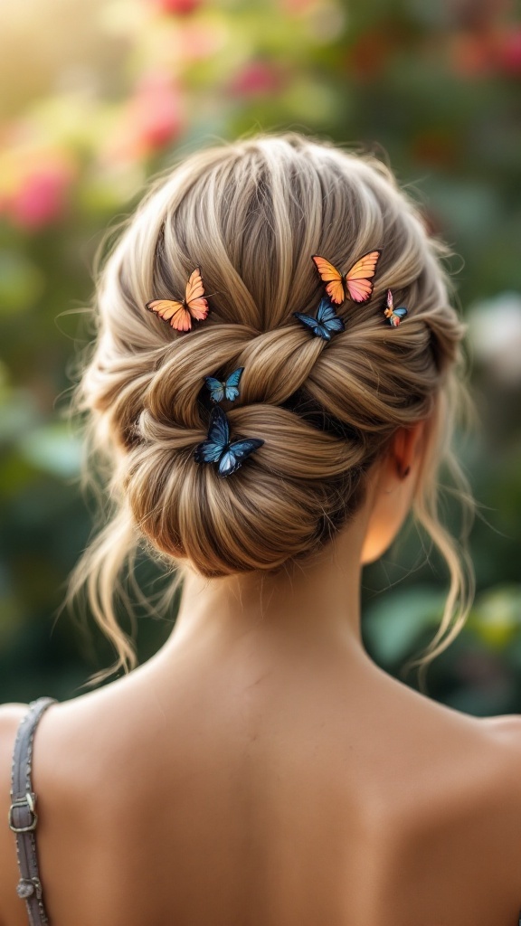 A beautiful updo hairstyle decorated with butterfly clips, featuring a soft twisted bun and colorful butterflies.