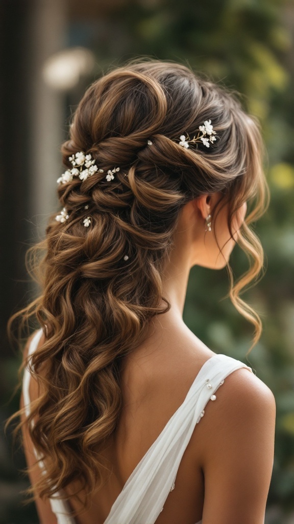 A bridesmaid hairstyle featuring an elegant updo with cascading curls and delicate floral accents