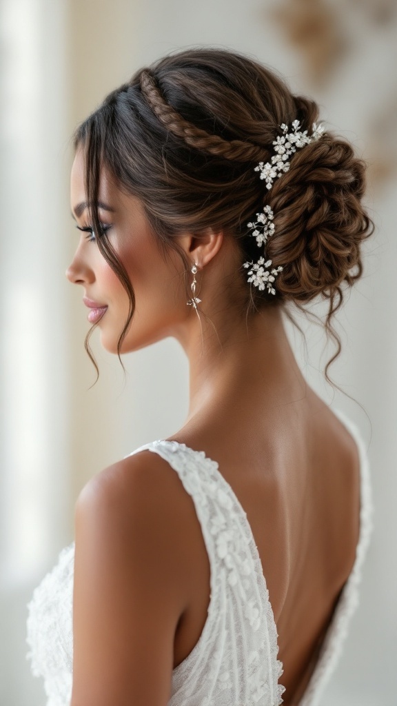 A woman with an elegant updo featuring crochet twists and floral hair accessories, wearing a white dress.