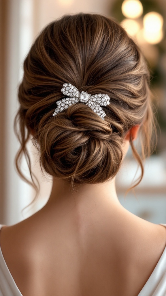 A woman with a stylish updo hairstyle secured with a sparkling crystal bow accessory.