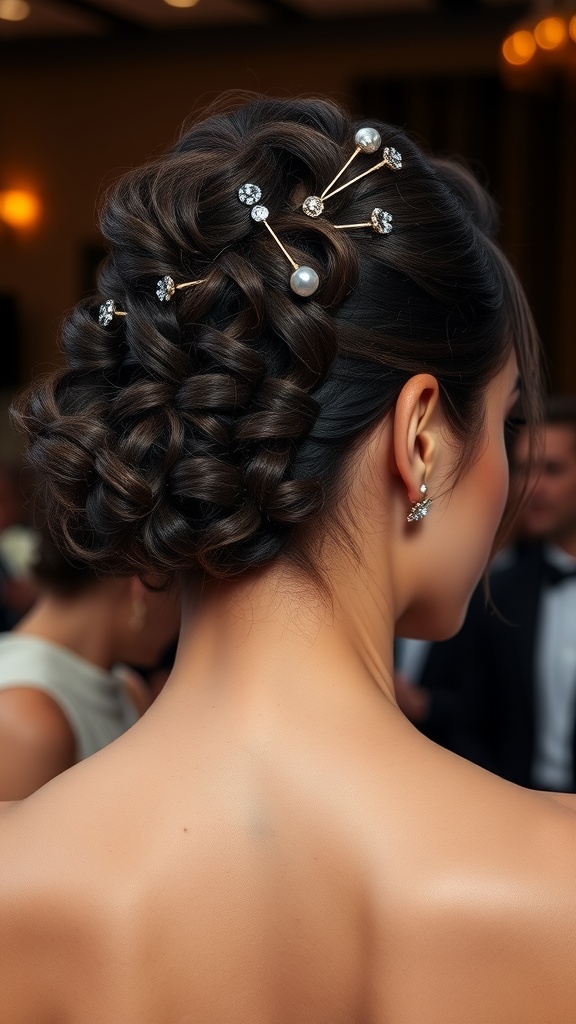 Elegant updo hairstyle featuring a curly bob with decorative hairpins.