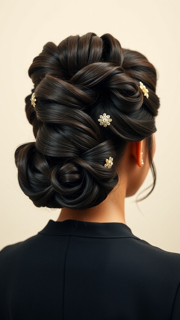 Elegant updo hairstyle featuring deep waves and decorative gold pins