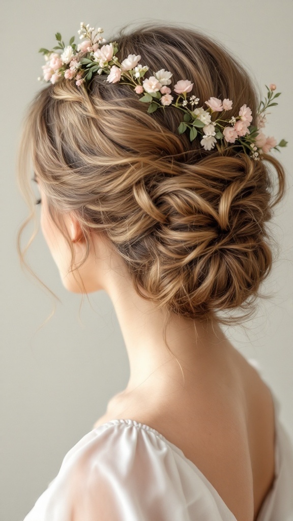 A close-up of a hairstyle featuring an elegant updo with a floral crown.