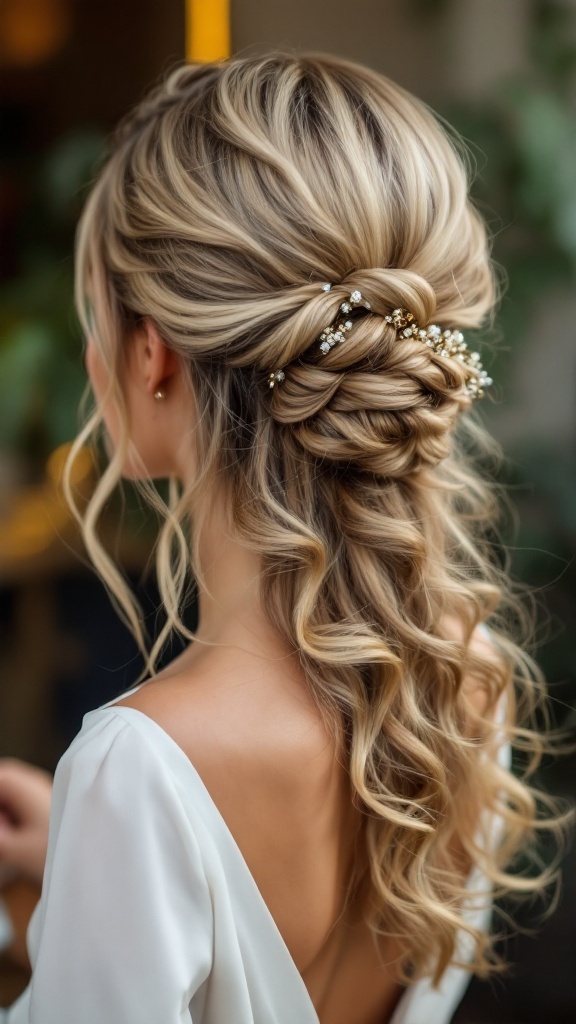 A beautiful hairstyle featuring a side part with half up half down, twisted and pinned at the back, showcasing curls.