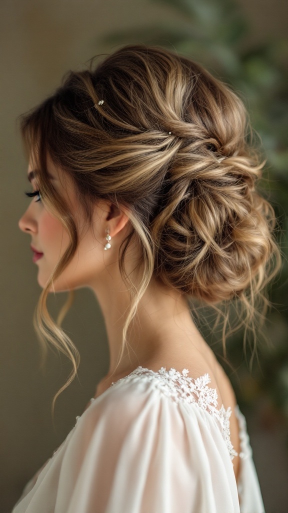 Elegant updo hairstyle featuring medium-length layered hair, with soft waves and hairpins.