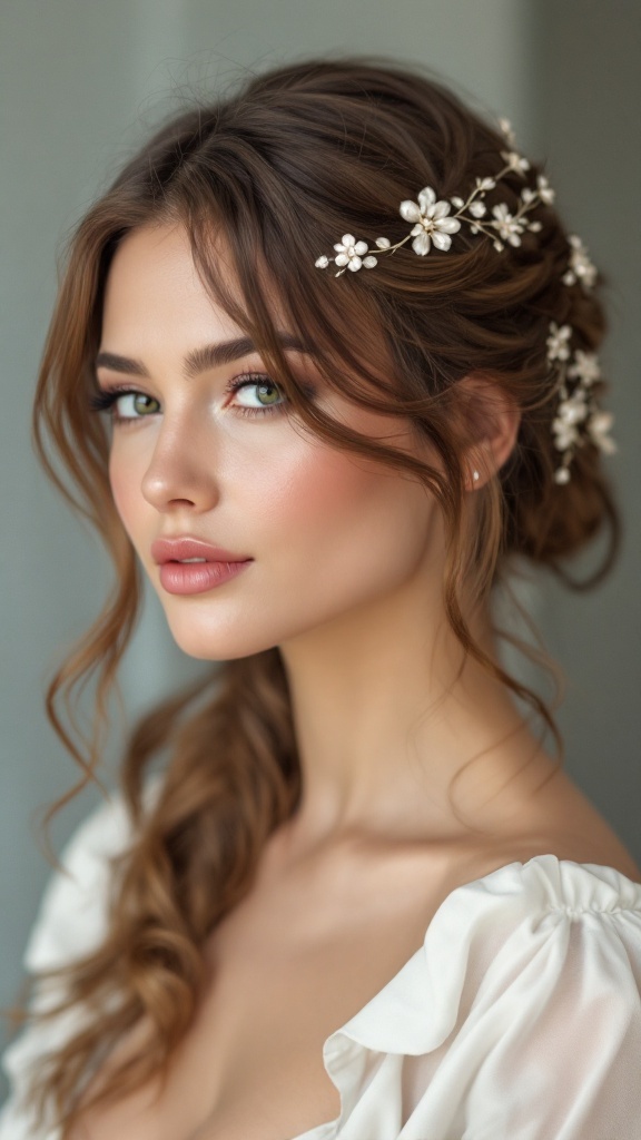 A woman with long layered hair styled in an elegant updo, featuring floral accessories.