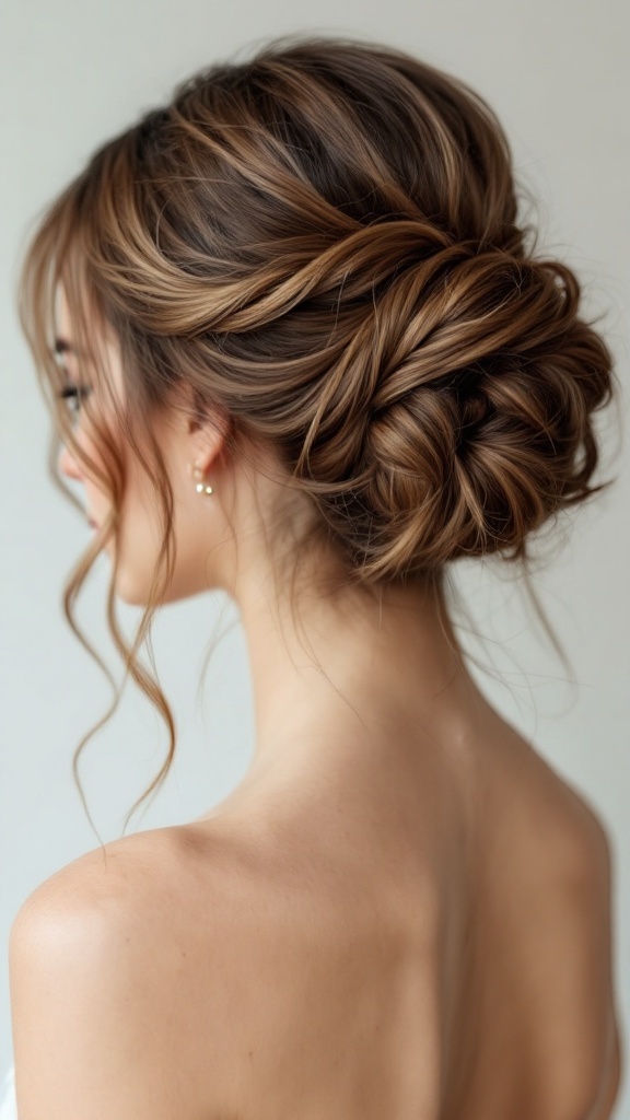 A woman with a stylish updo hairstyle featuring long, wispy fringe