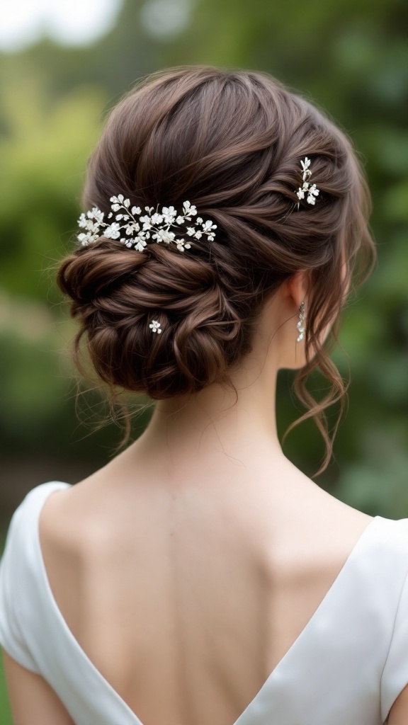A brunette elegant updo hairstyle with loose curls and floral hair accessories.
