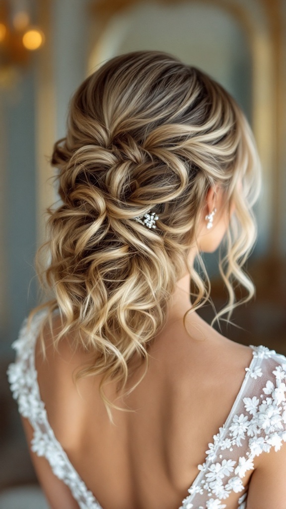 Elegant updo with loose waves for bridesmaids, featuring a floral hair accessory.