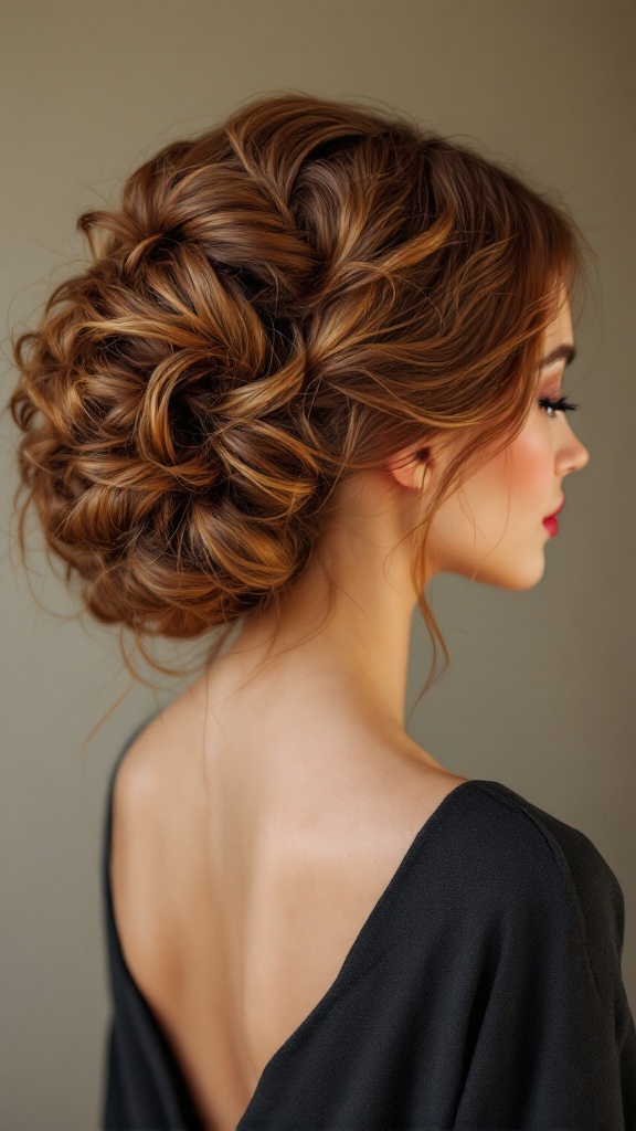 A stylish updo hairstyle showcasing natural texture, with soft curls pinned elegantly.