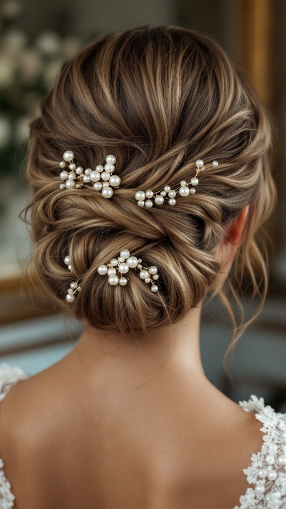 A beautiful bridal updo hairstyle featuring twists and pearl embellishments.