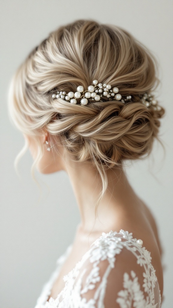 Elegant updo hairstyle with side-swept bangs adorned with pearl accents.