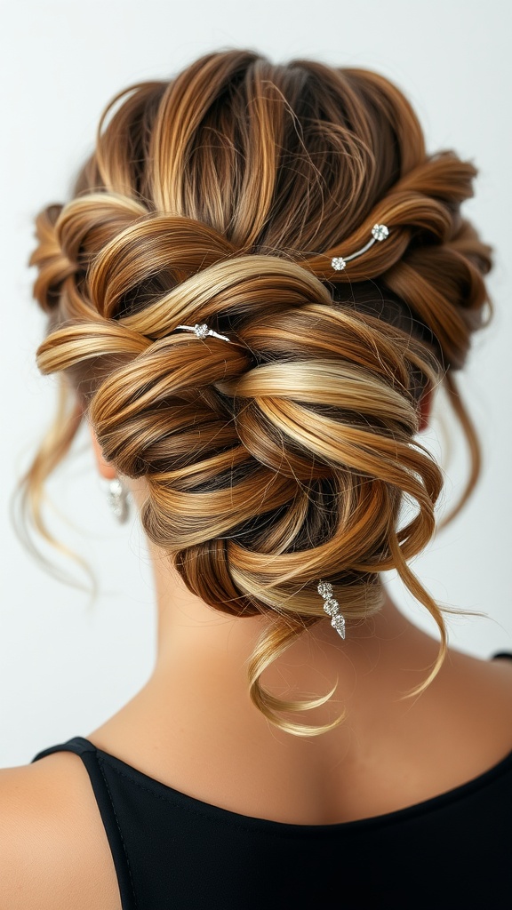 Elegant updo hairstyle with twists and sparkly hair accessories