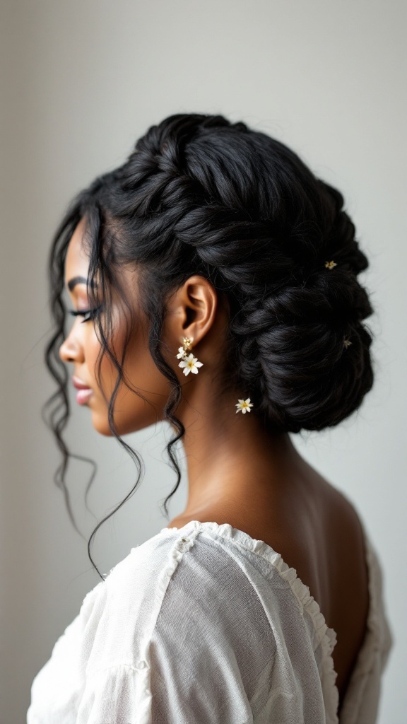 A side view of a woman with black hair styled in an elegant updo with twists, complemented by floral hairpins and soft curls.