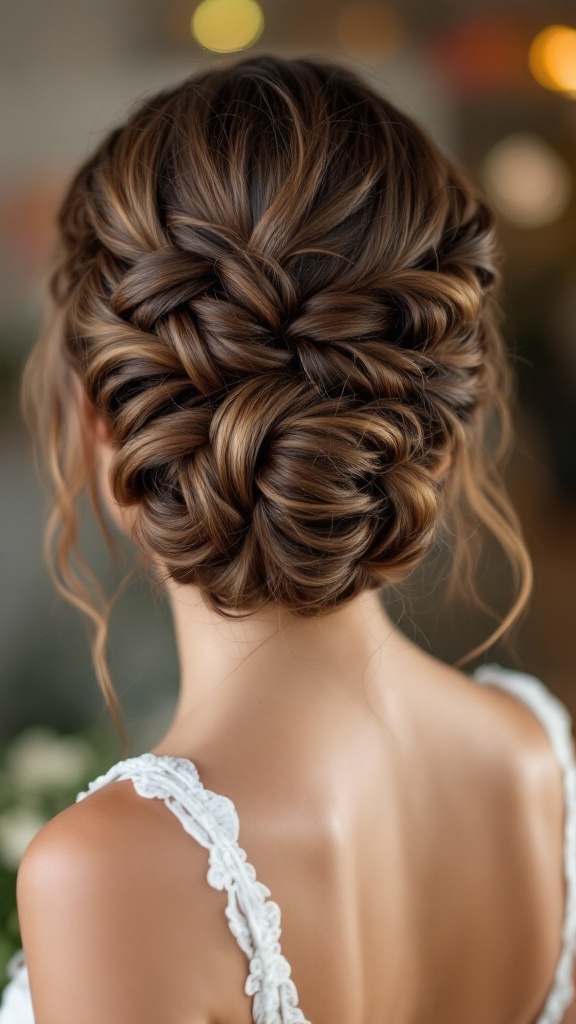 Elegant braided updo hairstyle for bridesmaid