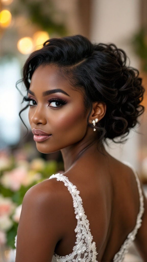 A woman with a stylish updo showing natural curls, wearing a beautiful dress, and elegant earrings.
