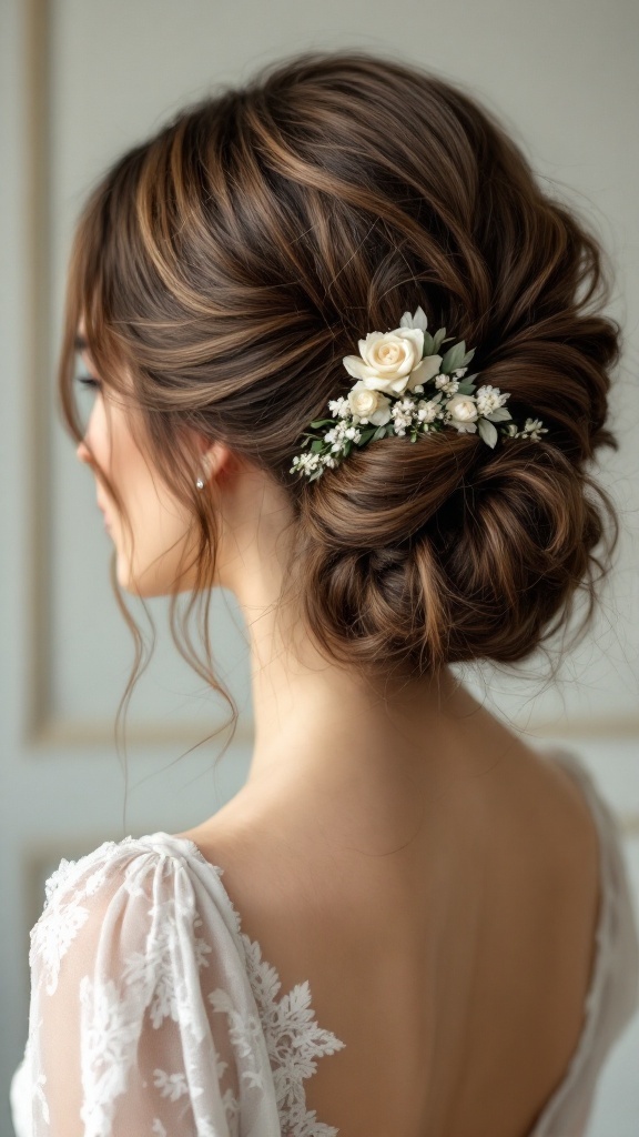 A bride with an elegant updo adorned with flowers and chiffon ribbons.