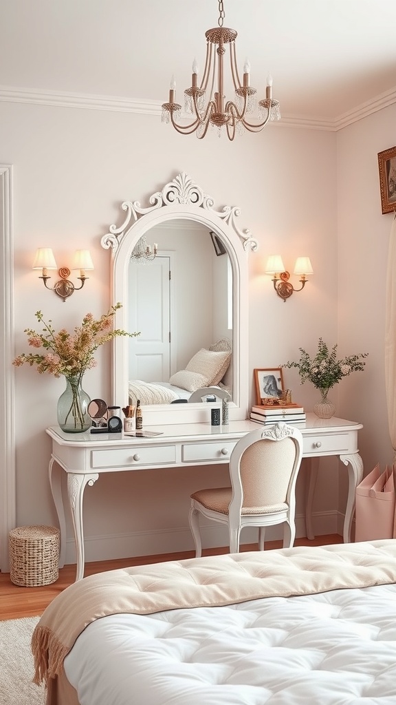 Elegant vanity area with a large mirror, chandelier, and flowers