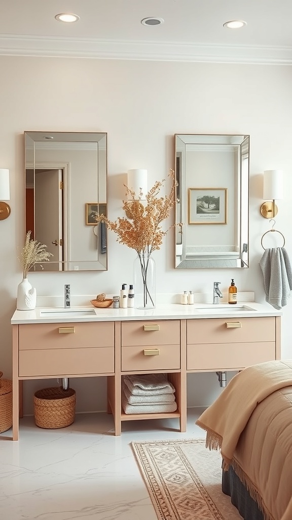 Elegant bathroom vanity with double sinks, mirrors, and decorative elements