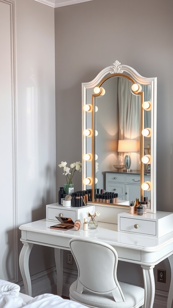 Elegant vanity station with a white table, illuminated mirror, and neatly organized beauty products.