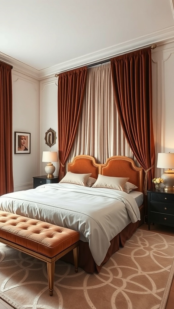 A stylish bedroom featuring elegant velvet drapes in warm rust color, complemented by soft blue bedding and chic furniture.