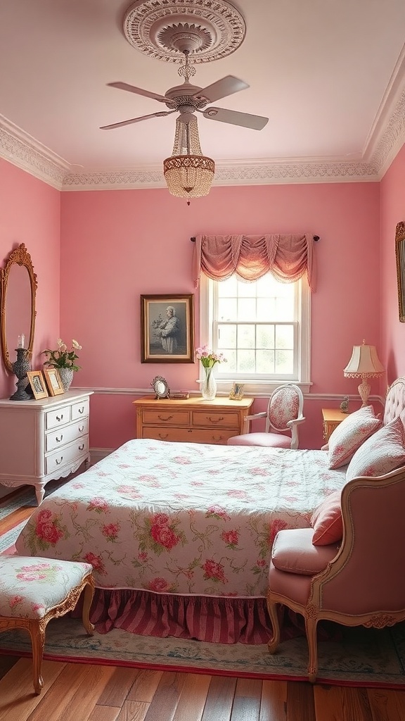 A cozy pink bedroom with vintage decor, featuring floral bedding, ornate furniture, and elegant ceiling details.
