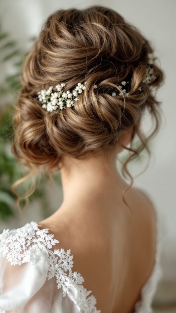A woman with vintage curls styled elegantly with a side sweep, adorned with small flowers