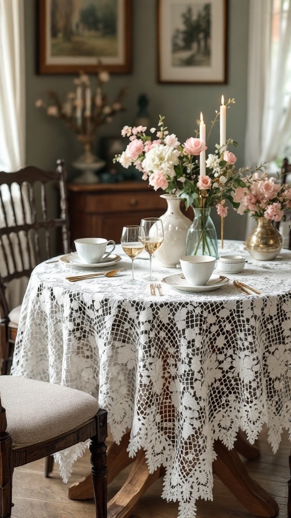 A vintage lace crochet tablecloth on a wooden table with floral arrangements and tableware.
