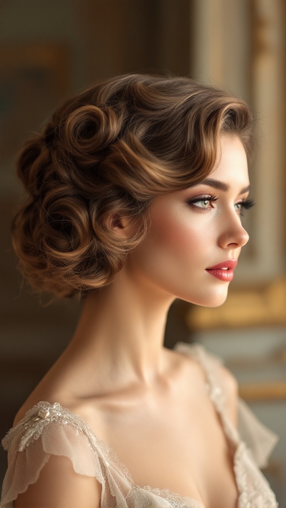 A woman with vintage rolls hairstyle, showcasing a classic and elegant look.