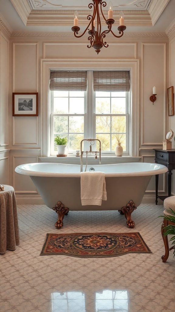 A vintage-style freestanding bathtub in a well-lit bathroom with elegant decor.