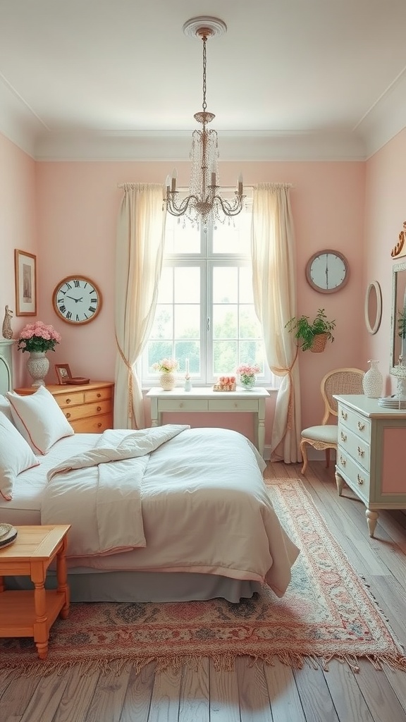 A cozy tween girl's bedroom with vintage decor, featuring soft pink walls, a chandelier, and vintage furniture.