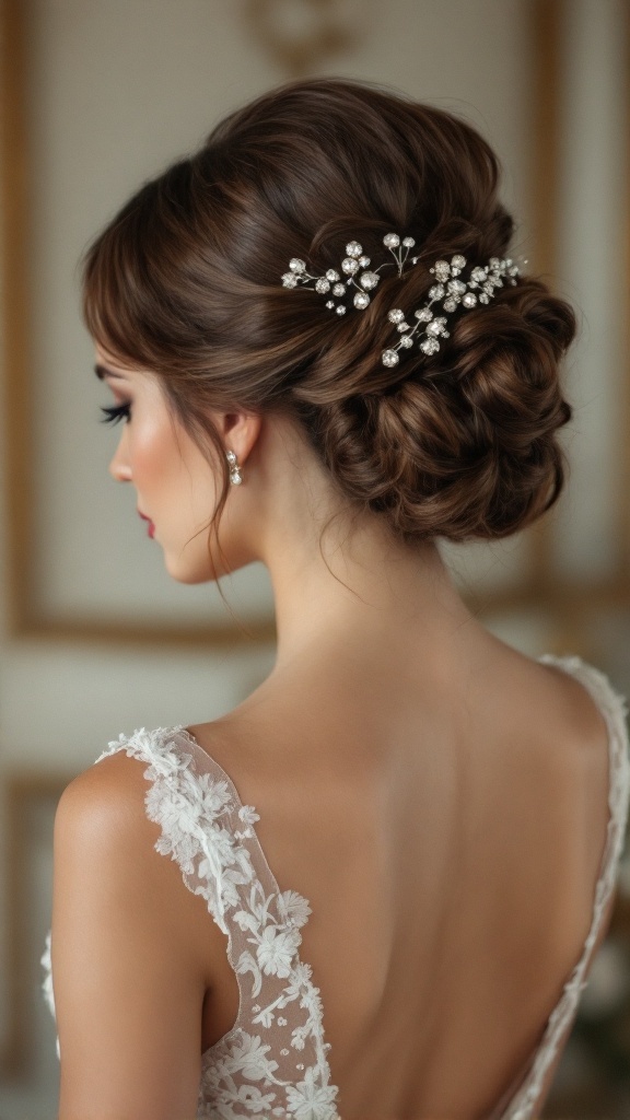 A close-up view of a bride's elegant vintage updo hairstyle, featuring soft curls and decorative hairpins.
