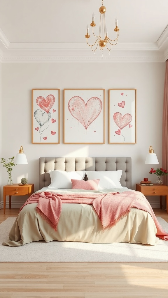 A romantic bedroom with heart-themed wall art and soft furnishings.