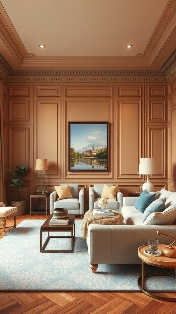 A traditional living room featuring elegant wall paneling, molding, and stylish furniture.