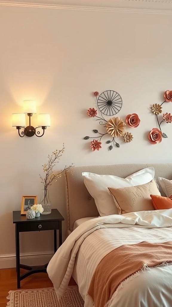 A cozy bedroom featuring wall sconces and decorative wall art.