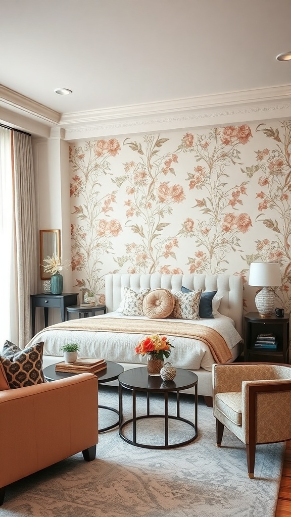 A stylish bedroom featuring floral wallpaper, a plush bed with decorative pillows, and elegant furniture.
