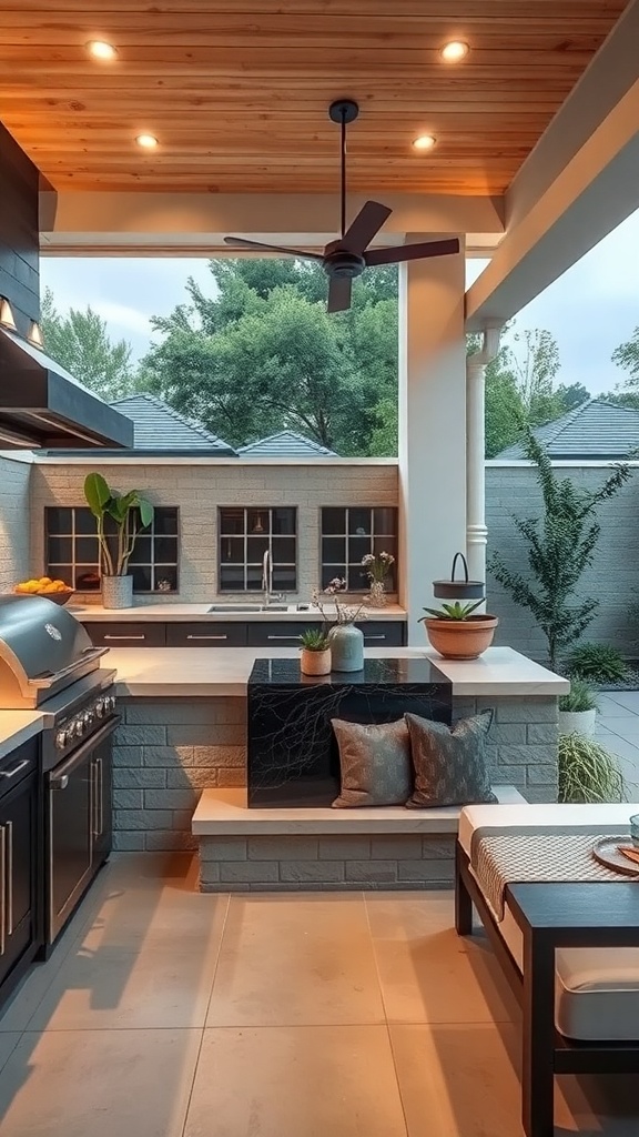 An elegant outdoor kitchen featuring a sleek water feature, modern appliances, and lush greenery.