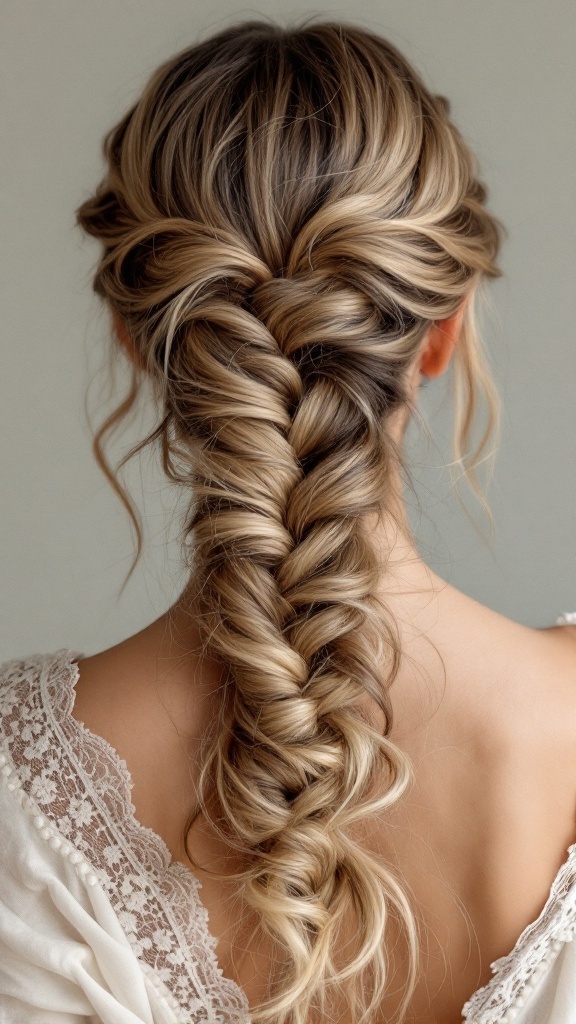 A woman with a beautiful waterfall braid hairstyle, featuring loose strands and blended hair colors.