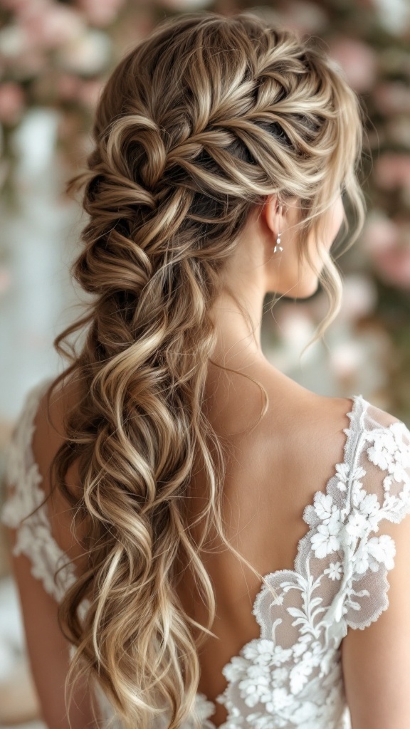 A beautiful waterfall braid hairstyle with loose curls, styled for a bride or bridesmaid.