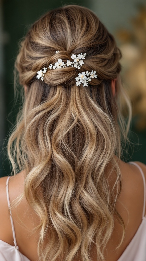 Half up half down prom hairstyle with elegant waves and floral decorations