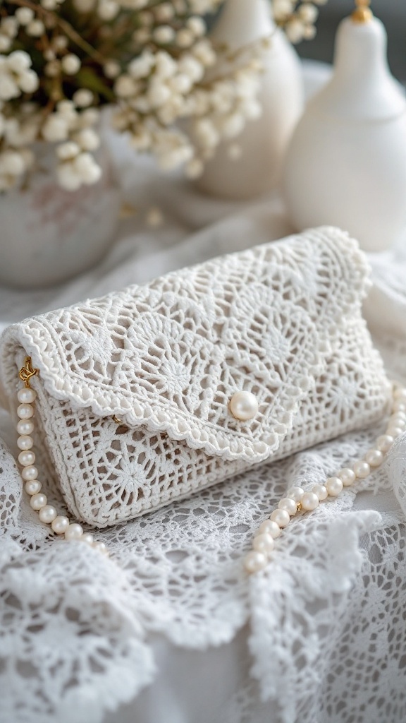 A beautiful white crochet clutch with pearl button and scalloped edge, set next to lace and decorative vases.