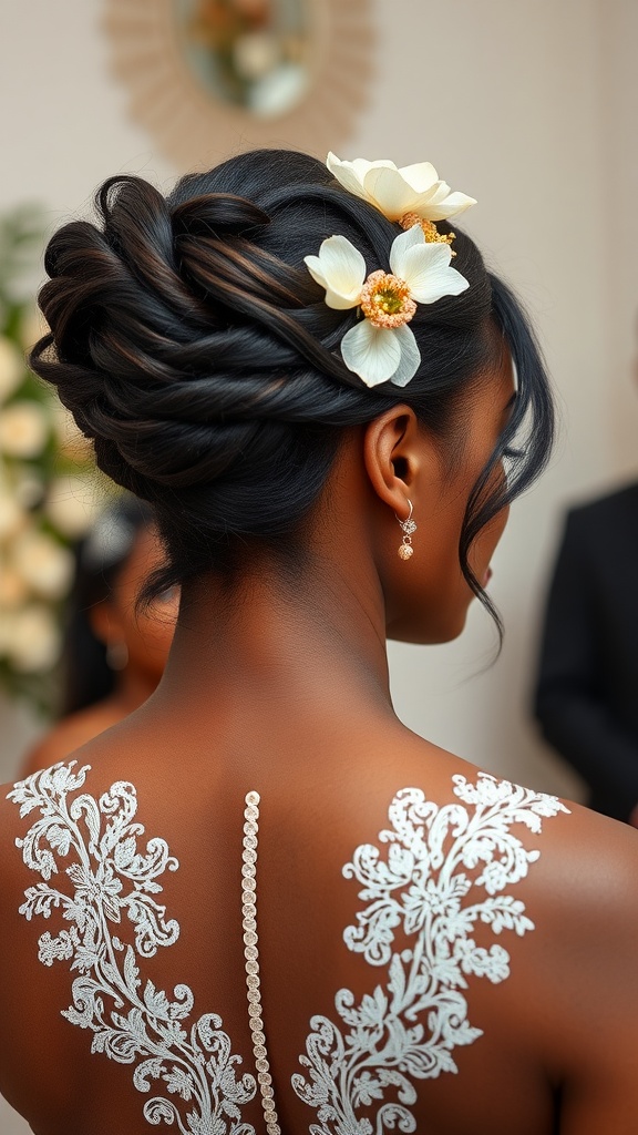 A bridal hairstyle featuring an elegant updo with flowers, showcasing lace details on the back of the dress.
