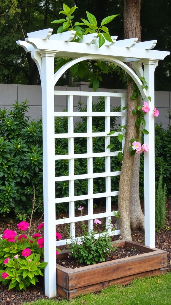 White trellis raised garden bed with flowers